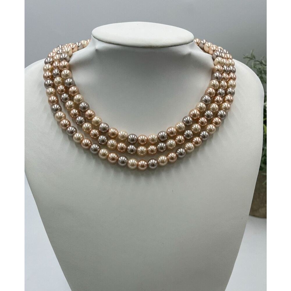 Carolee Three Strand Peach Gray Pearl Necklace Gold Tone Clasp With Pave Crystal
